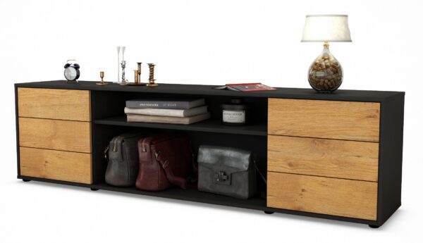 Lowboard Belinda | Korpus Anthrazit | Front in Eiche Holz Optik | 180x49x35cm (BxHxT)