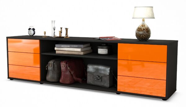 Lowboard Belinda | Korpus Anthrazit | Front in Hochglanz Orange | 180x49x35cm (BxHxT)
