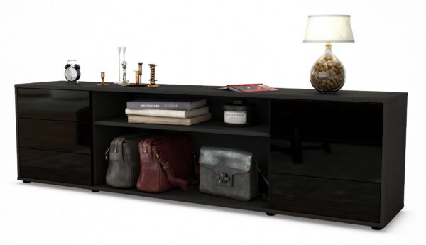 Lowboard Belinda | Korpus Anthrazit | Front in Hochglanz Schwarz | 180x49x35cm (BxHxT)