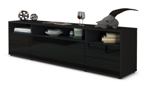 Lowboard Bella | Korpus Anthrazit | Front in Hochglanz Schwarz | 180x49x35cm (BxHxT)
