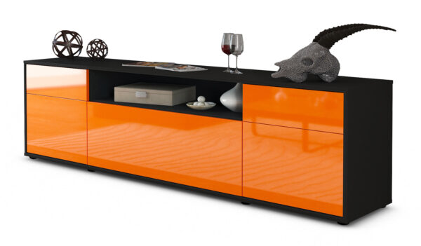 Lowboard Bernadetta | Korpus Anthrazit | Front in Hochglanz Orange | 180x49x35cm (BxHxT)