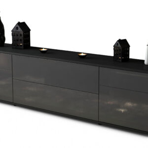 Lowboard Bibiane | Korpus Anthrazit | Front in Hochglanz Grau | 180x49x35cm (BxHxT)