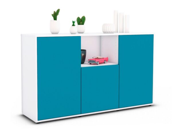 Sideboard Demetria | Korpus Weiß | Front in Türkis | 136x79x35cm (BxHxT)
