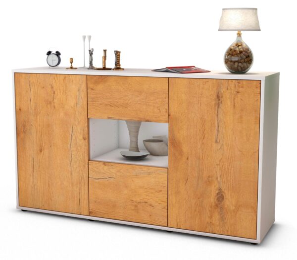 Sideboard Denise | Korpus Weiß | Front in Eiche Holz Optik | 136x79x35cm (BxHxT)