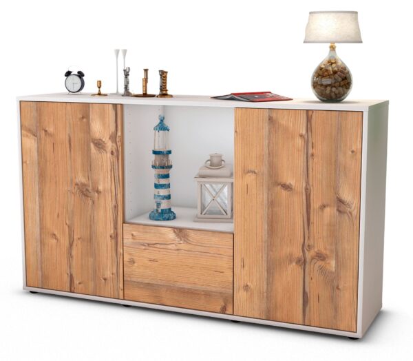 Sideboard Dhonna | Korpus Weiß | Front in Pinie Holz Optik | 136x79x35cm (BxHxT)