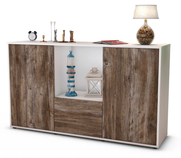 Sideboard Dhonna | Korpus Weiß | Front in Treibholz Holz Optik | 136x79x35cm (BxHxT)