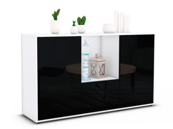 Sideboard Dhonna | Korpus Weiß | Front in Hochglanz Schwarz | 136x79x35cm (BxHxT)