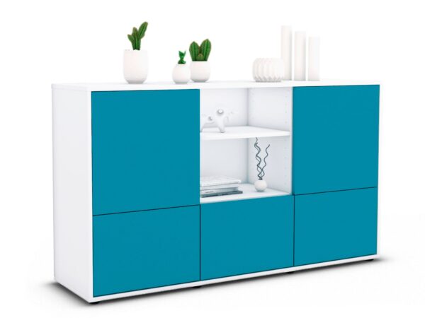 Sideboard Diellza | Korpus Weiß | Front in Türkis | 136x79x35cm (BxHxT)