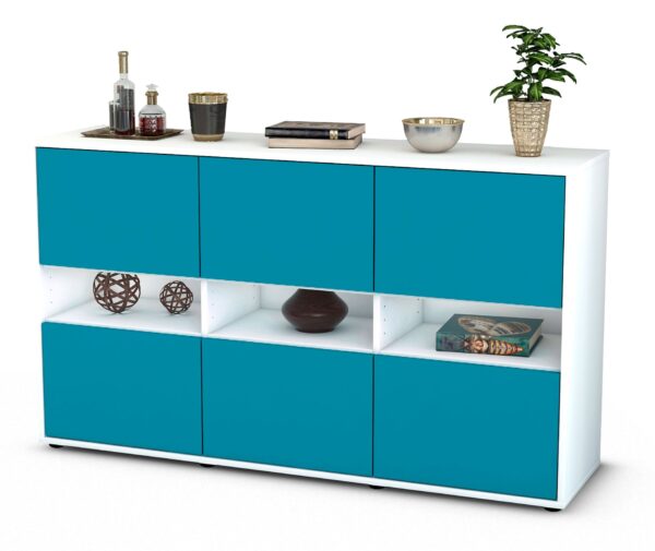 Sideboard Diletta | Korpus Weiß | Front in Türkis | 136x79x35cm (BxHxT)