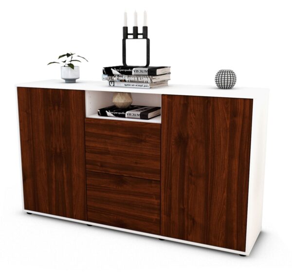 Sideboard Dimphi | Korpus Weiß | Front in Walnuss Holz Optik | 136x79x35cm (BxHxT)