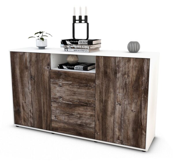 Sideboard Dimphi | Korpus Weiß | Front in Treibholz Holz Optik | 136x79x35cm (BxHxT)