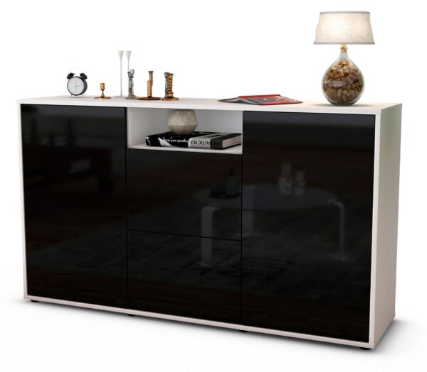 Sideboard Dimphi | Korpus Weiß | Front in Hochglanz Schwarz | 136x79x35cm (BxHxT)