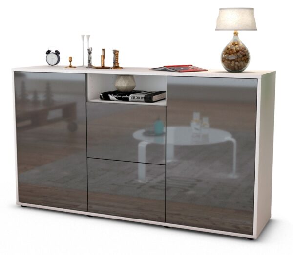 Sideboard Dimphi | Korpus Weiß | Front in Hochglanz Grau | 136x79x35cm (BxHxT)