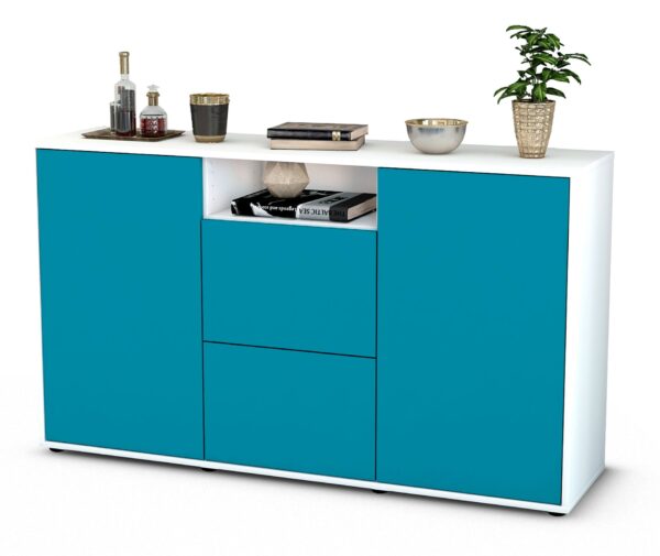 Sideboard Dimphi | Korpus Weiß | Front in Türkis | 136x79x35cm (BxHxT)