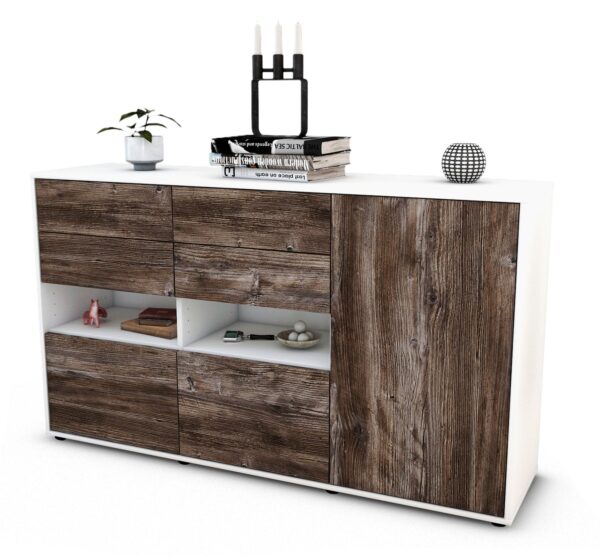 Sideboard Domi | Korpus Weiß | Front in Treibholz Holz Optik | 136x79x35cm (BxHxT)
