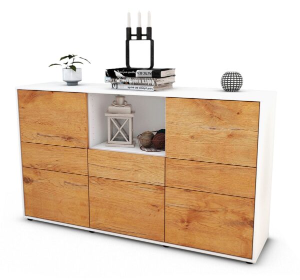 Sideboard Dominika | Korpus Weiß | Front in Eiche Holz Optik | 136x79x35cm (BxHxT)