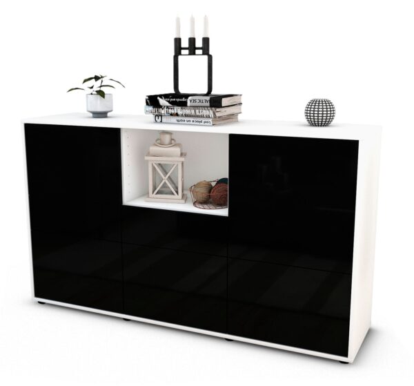 Sideboard Dominika | Korpus Weiß | Front in Hochglanz Schwarz | 136x79x35cm (BxHxT)