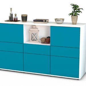 Sideboard Dominika | Korpus Weiß | Front in Türkis | 136x79x35cm (BxHxT)