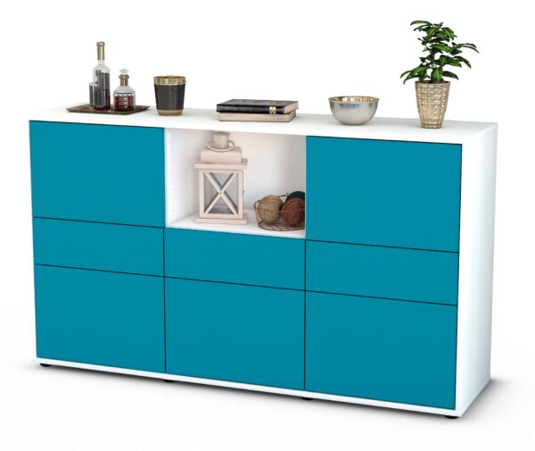 Sideboard Dominika | Korpus Weiß | Front in Türkis | 136x79x35cm (BxHxT)