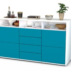 Sideboard Donabella | Korpus Weiß | Front in Türkis | 136x79x35cm (BxHxT)