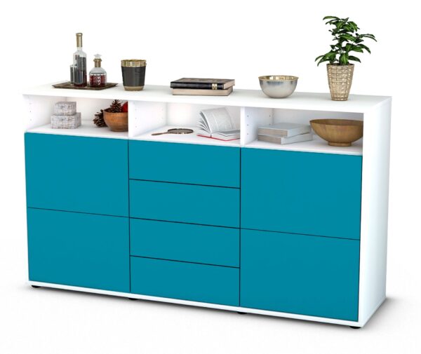 Sideboard Donabella | Korpus Weiß | Front in Türkis | 136x79x35cm (BxHxT)