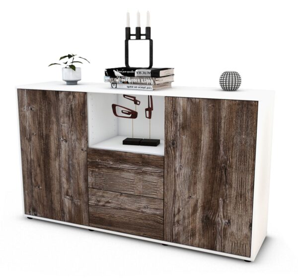 Sideboard Donika | Korpus Weiß | Front in Treibholz Holz Optik | 136x79x35cm (BxHxT)