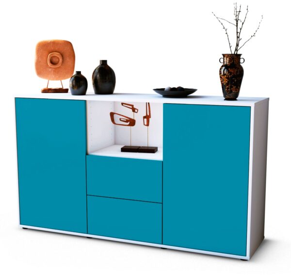 Sideboard Donika | Korpus Weiß | Front in Türkis | 136x79x35cm (BxHxT)