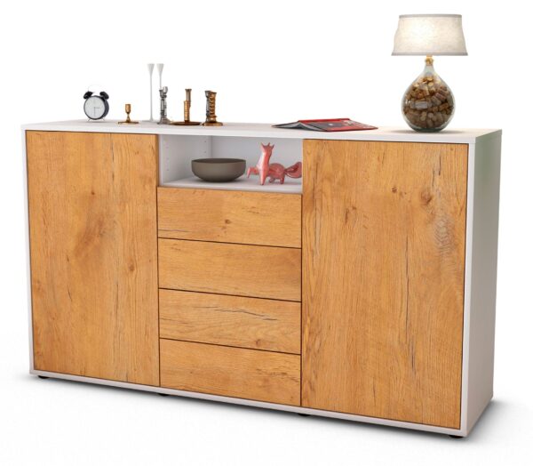 Sideboard Donnice | Korpus Weiß | Front in Eiche Holz Optik | 136x79x35cm (BxHxT)