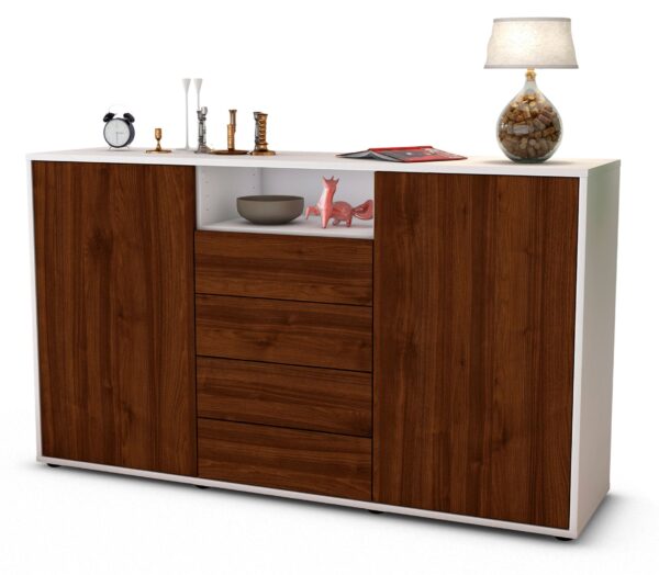 Sideboard Donnice | Korpus Weiß | Front in Walnuss Holz Optik | 136x79x35cm (BxHxT)
