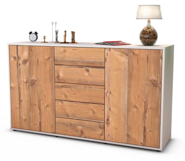 Sideboard Dorelly | Korpus Weiß | Front in Pinie Holz Optik | 136x79x35cm (BxHxT)