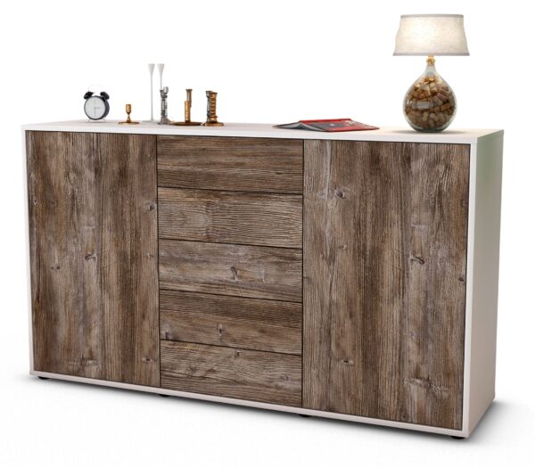 Sideboard Dorelly | Korpus Weiß | Front in Treibholz Holz Optik | 136x79x35cm (BxHxT)