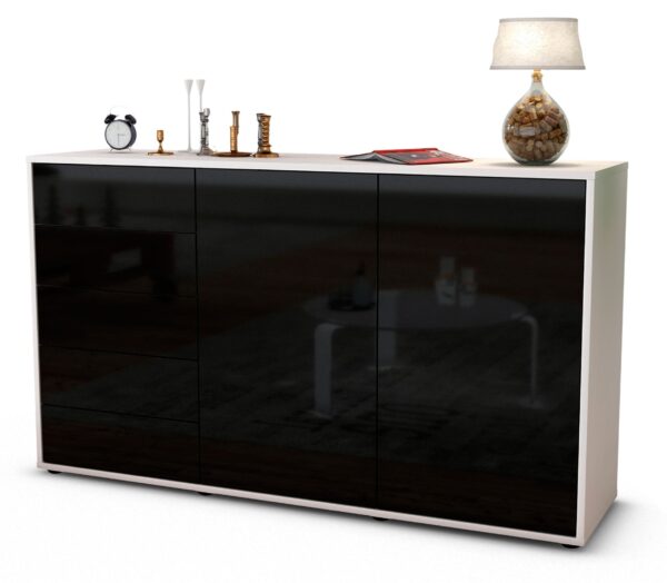 Sideboard Dorentina | Korpus Weiß | Front in Hochglanz Schwarz | 136x79x35cm (BxHxT)