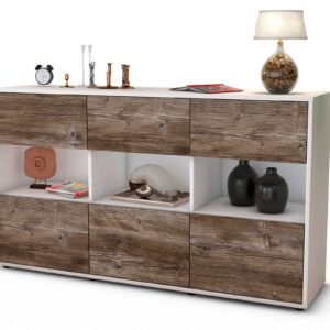 Sideboard Dorett | Korpus Weiß | Front in Treibholz Holz Optik | 136x79x35cm (BxHxT)