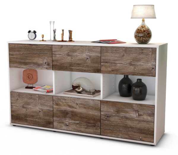 Sideboard Dorett | Korpus Weiß | Front in Treibholz Holz Optik | 136x79x35cm (BxHxT)
