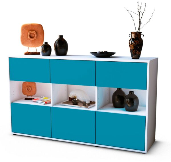 Sideboard Dorett | Korpus Weiß | Front in Türkis | 136x79x35cm (BxHxT)