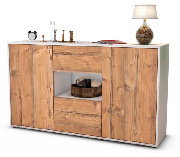 Sideboard Doriana | Korpus Weiß | Front in Pinie Holz Optik | 136x79x35cm (BxHxT)