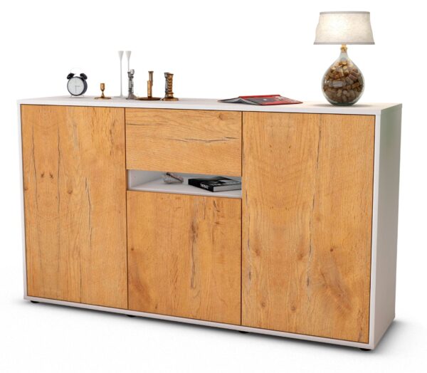 Sideboard Dorina | Korpus Weiß | Front in Eiche Holz Optik | 136x79x35cm (BxHxT)