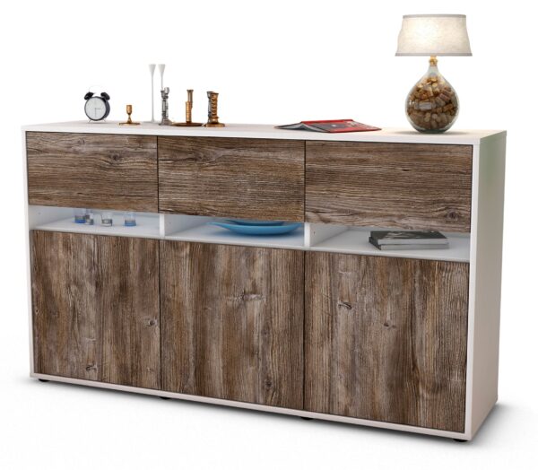 Sideboard Dorinde | Korpus Weiß | Front in Treibholz Holz Optik | 136x79x35cm (BxHxT)