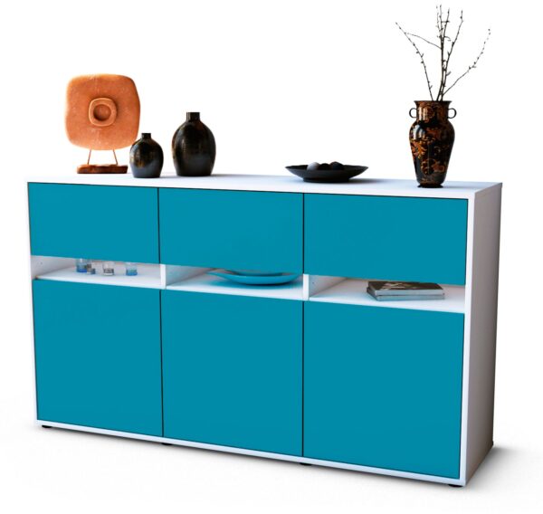 Sideboard Dorinde | Korpus Weiß | Front in Türkis | 136x79x35cm (BxHxT)