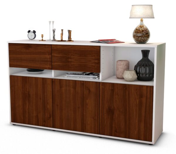 Sideboard Dorotea | Korpus Weiß | Front in Walnuss Holz Optik | 136x79x35cm (BxHxT)