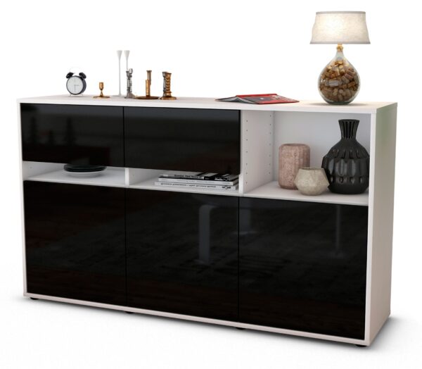 Sideboard Dorotea | Korpus Weiß | Front in Hochglanz Schwarz | 136x79x35cm (BxHxT)