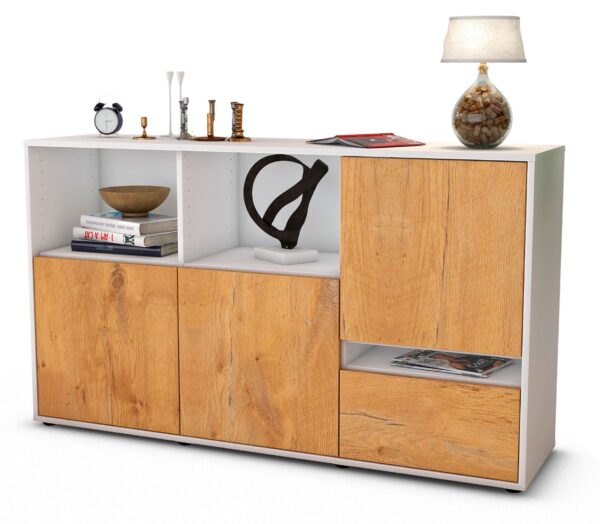 Sideboard Eda | Korpus Weiß | Front in Eiche Holz Optik | 136x79x35cm (BxHxT)