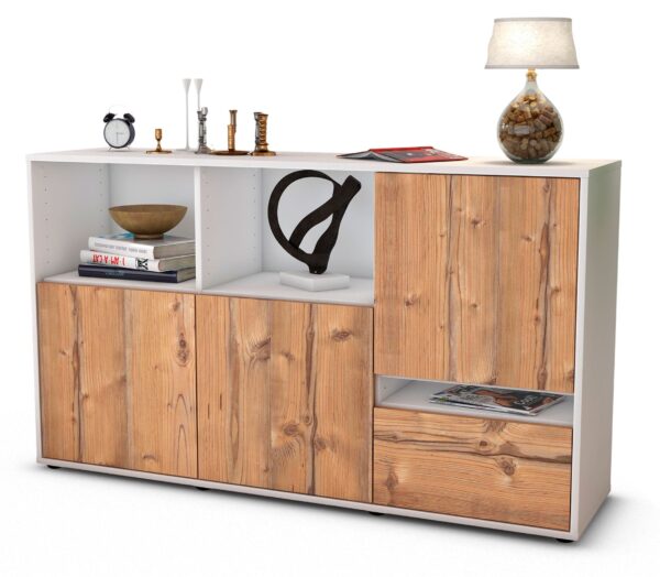 Sideboard Eda | Korpus Weiß | Front in Pinie Holz Optik | 136x79x35cm (BxHxT)