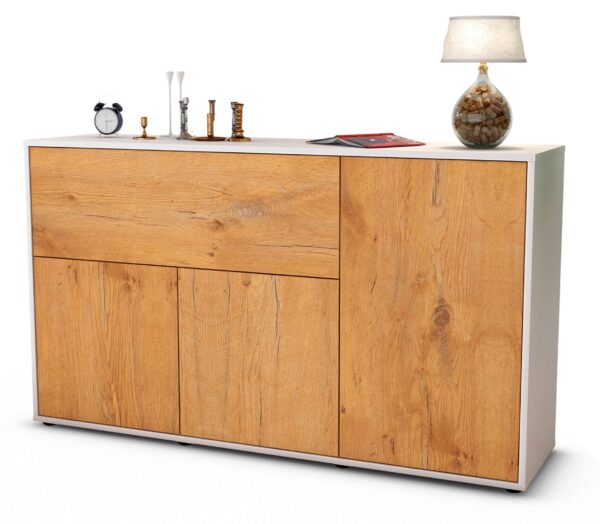 Sideboard Edera | Korpus Weiß | Front in Eiche Holz Optik | 136x79x35cm (BxHxT)