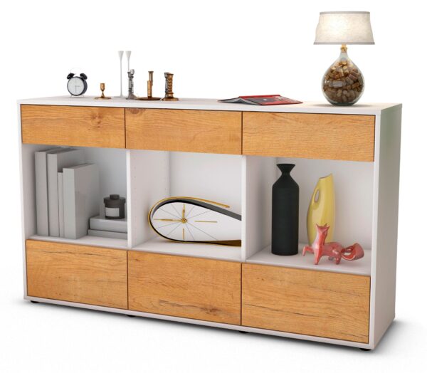 Sideboard Efisia | Korpus Weiß | Front in Eiche Holz Optik | 136x79x35cm (BxHxT)