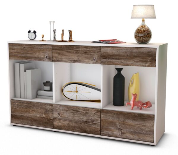 Sideboard Efisia | Korpus Weiß | Front in Treibholz Holz Optik | 136x79x35cm (BxHxT)