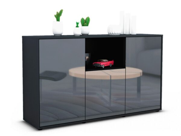 Sideboard Demetria | Korpus Anthrazit | Front in Hochglanz Grau | 136x79x35cm (BxHxT)