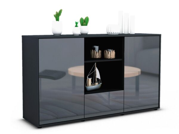 Sideboard Desideria | Korpus Anthrazit | Front in Hochglanz Grau | 136x79x35cm (BxHxT)