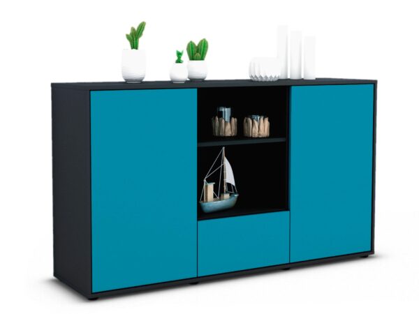Sideboard Desideria | Korpus Anthrazit | Front in Türkis | 136x79x35cm (BxHxT)