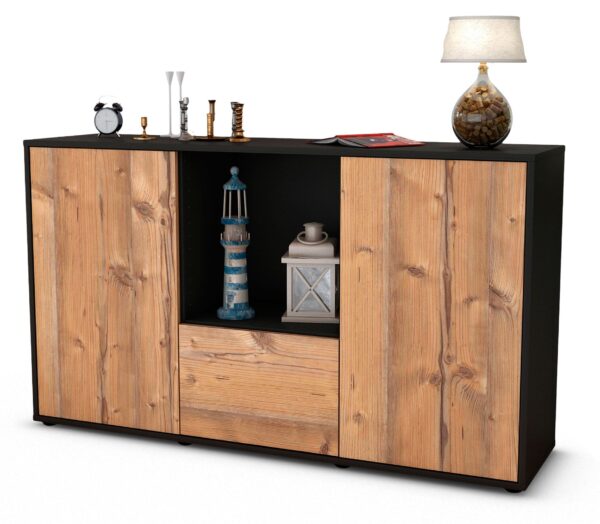 Sideboard Dhonna | Korpus Anthrazit | Front in Pinie Holz Optik | 136x79x35cm (BxHxT)